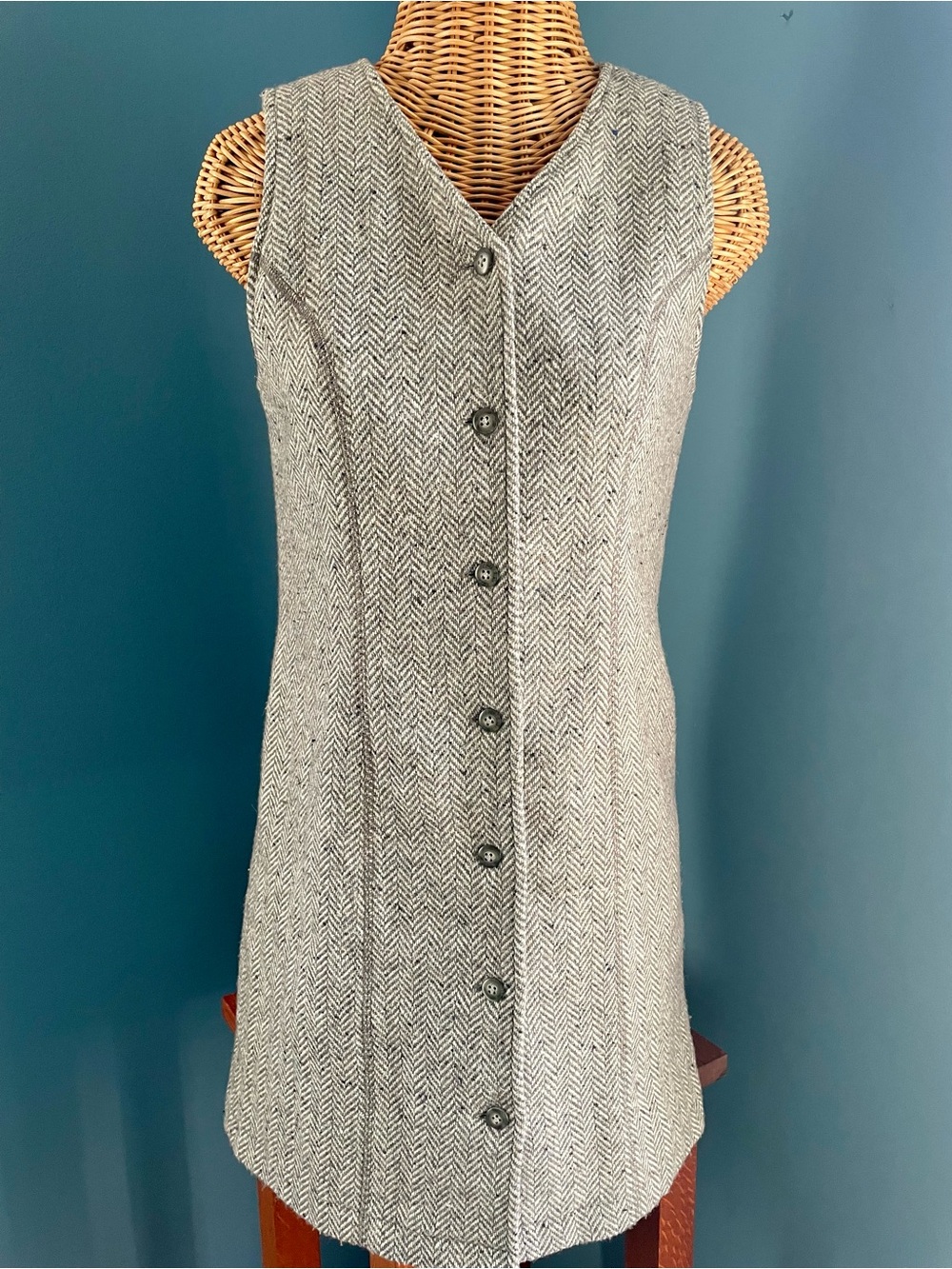 VTG Abercrombie & Fitch Gray Herringbone Tweed Button Front Vest Dress Small